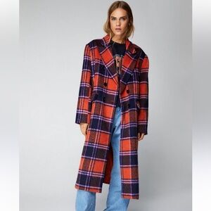 Nasty Gal Premium Plaid Double-Breasted Wool Look Coat Orange & Purple Size 16